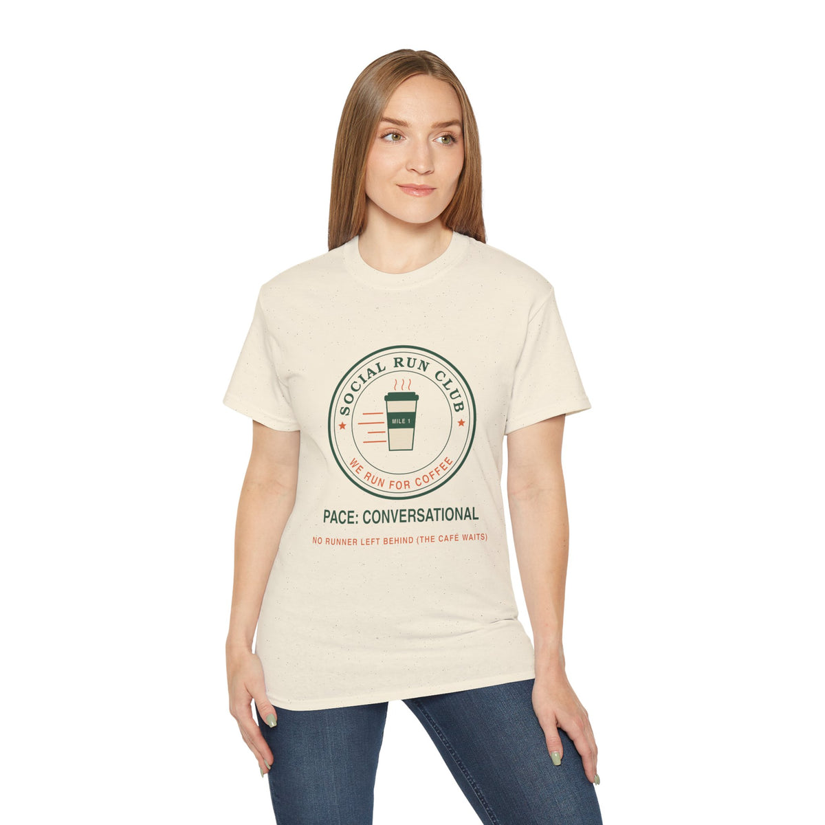 Social Run Club We Run for Coffee graphic t-shirt by TeePara, folded and worn by a model