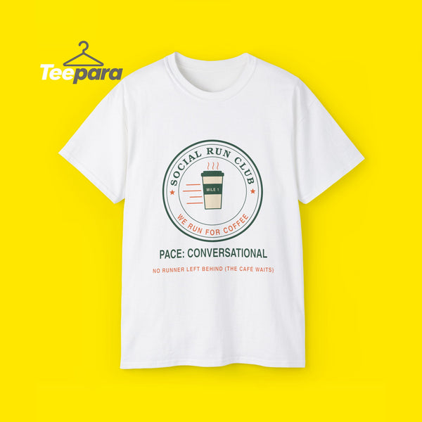 Social Run Club t-shirt with coffee cup badge, front view on TeePara yellow background