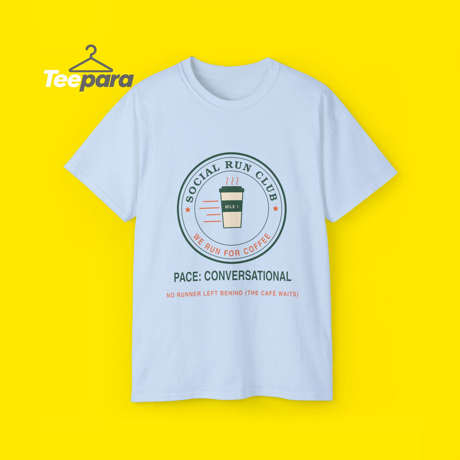 Social Run Club t-shirt with coffee cup badge, front view on TeePara yellow background