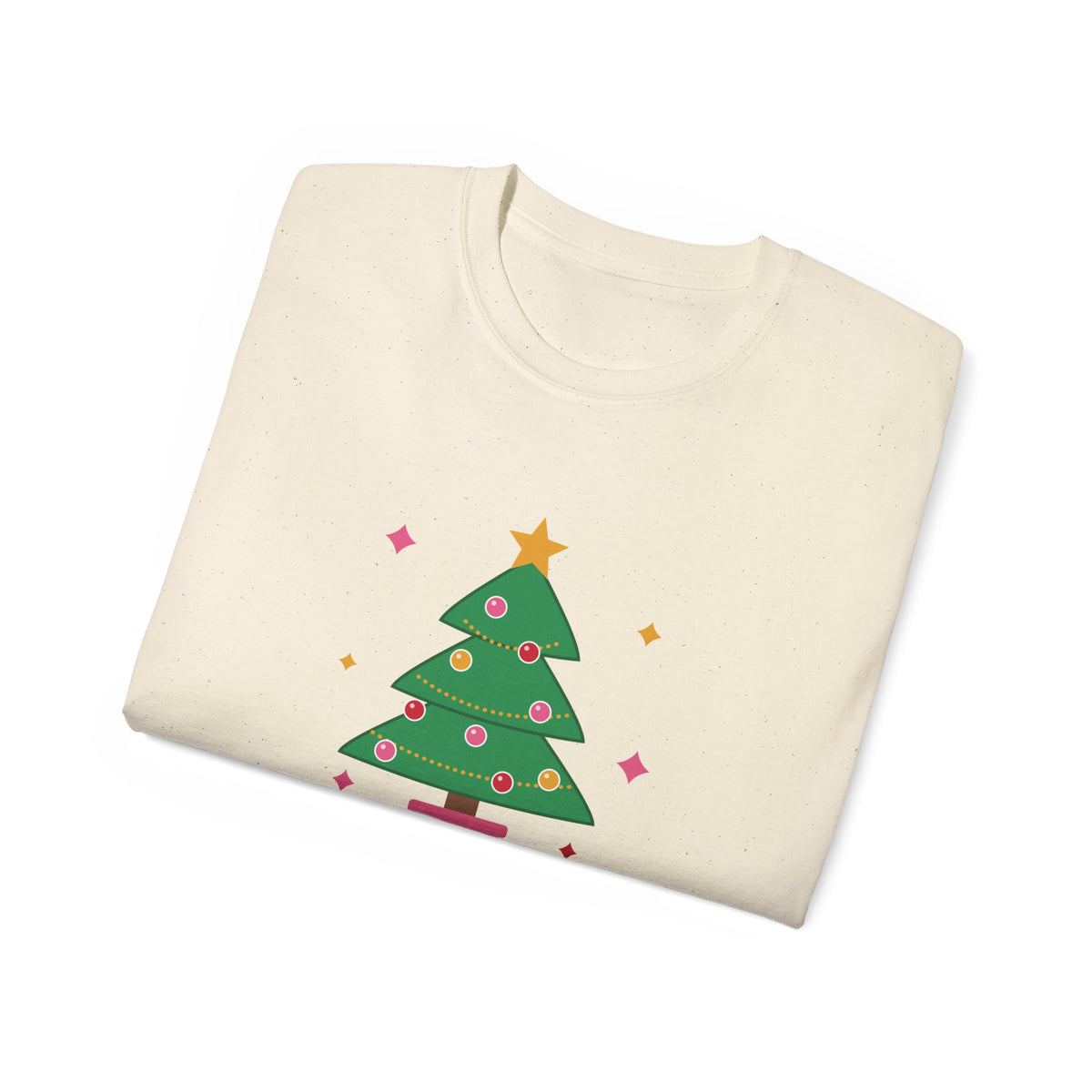 Merry and Extra whimsical Christmas graphic t-shirt by TeePara, folded and worn by a model