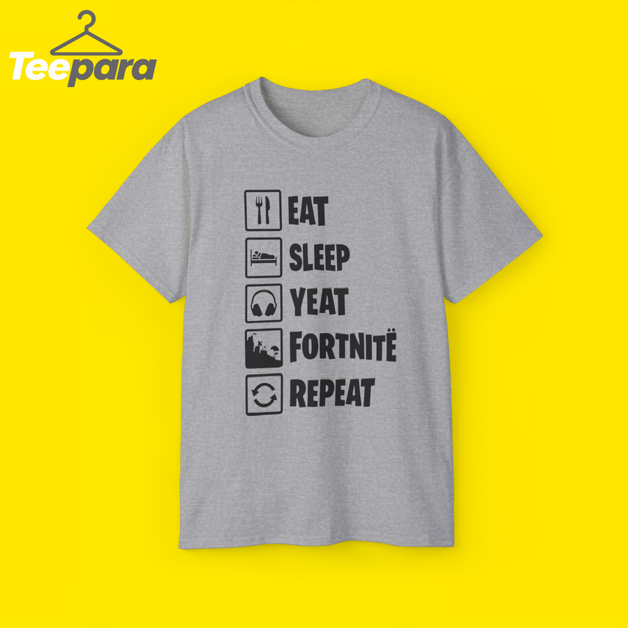 Eat Sleep Yeat Fortnite Repeat Shirt with a playful slogan inspired by Yeat, Fortnite gaming, and modern streetwear culture.