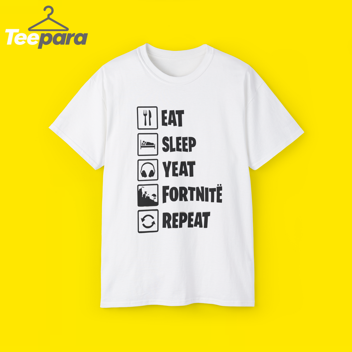 Eat Sleep Yeat Fortnite Repeat Shirt with a playful slogan inspired by Yeat, Fortnite gaming, and modern streetwear culture.