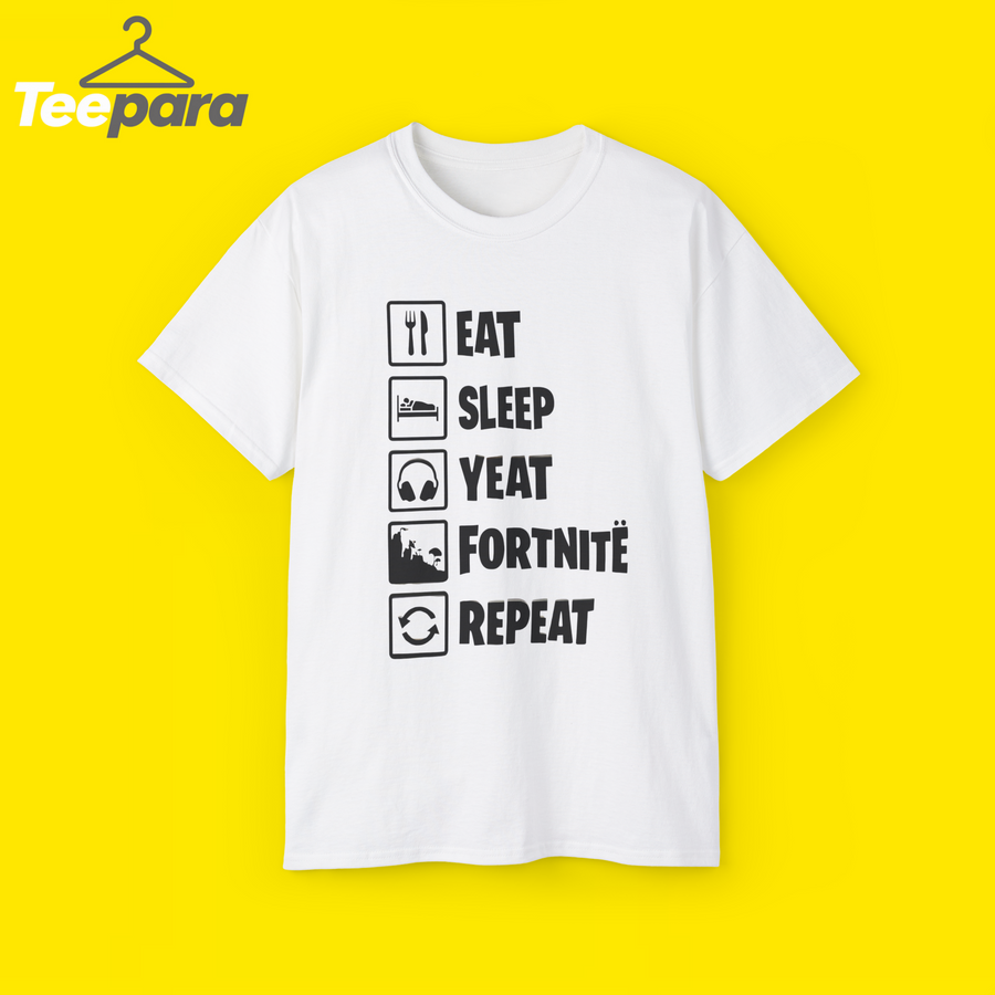 Eat Sleep Yeat Fortnite Repeat Shirt with a playful slogan inspired by Yeat, Fortnite gaming, and modern streetwear culture.