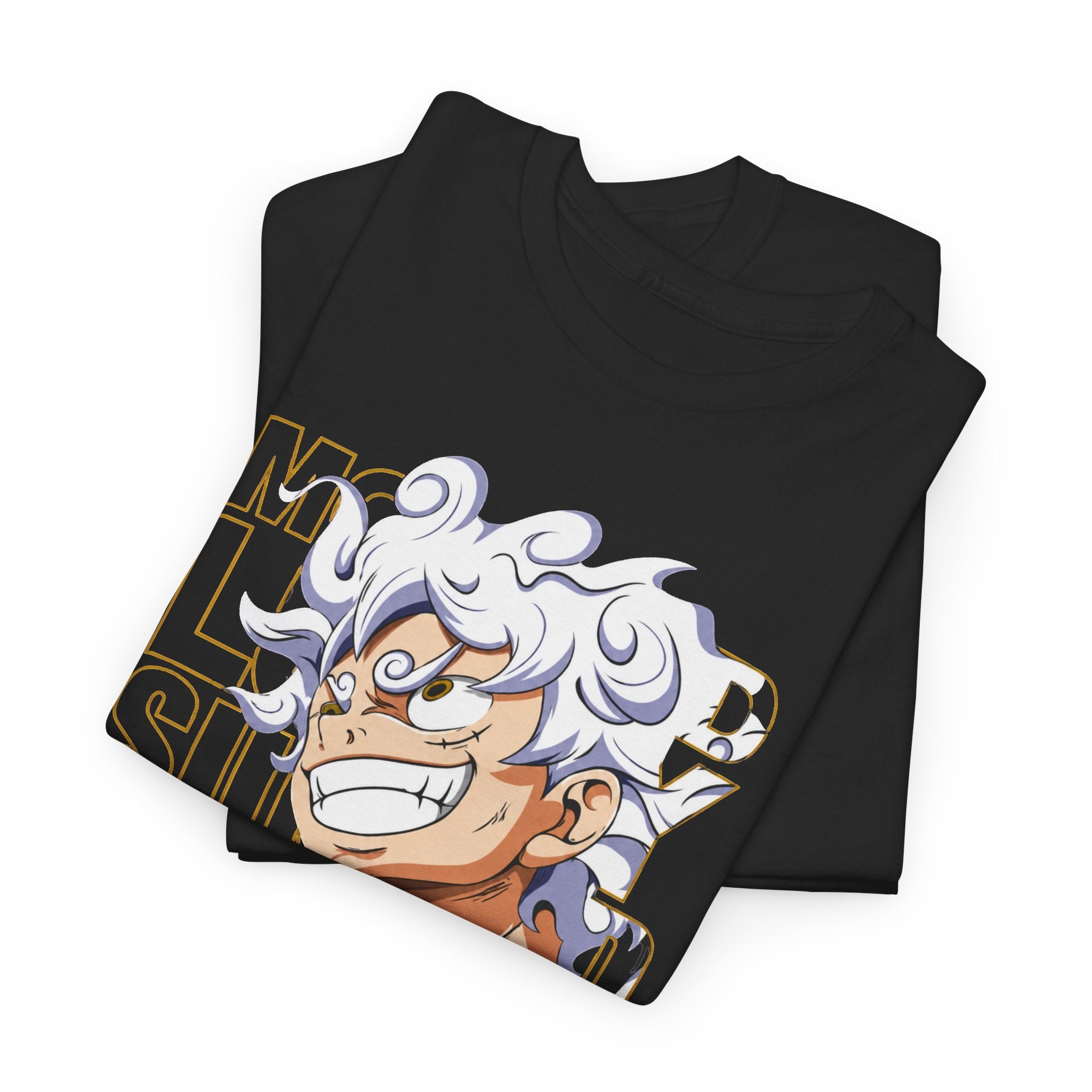 Black graphic T-shirt with anime character and bold text design
