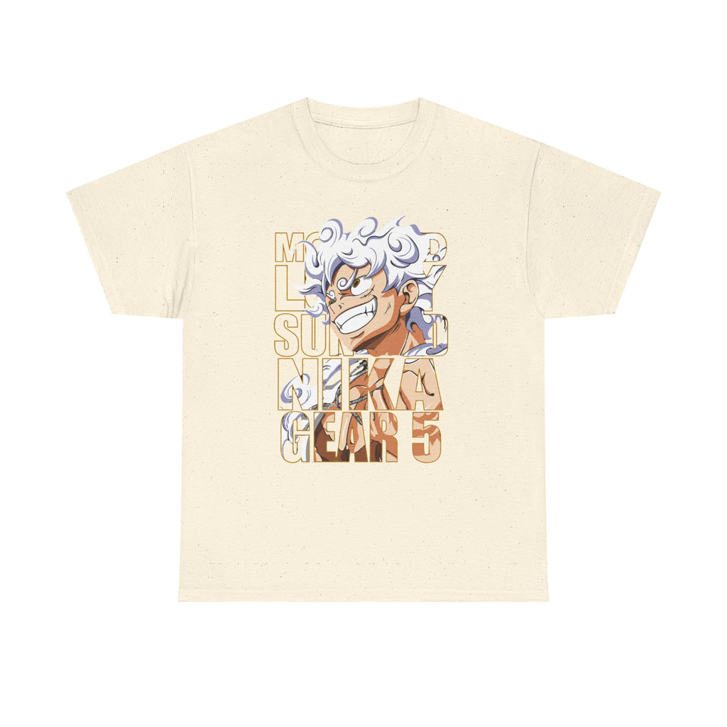 Cream graphic tee with anime character and 'Gear 5' text, streetwear style