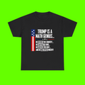 Black T-shirt with 'Trump is a Math Genius' text and American flag graphic
