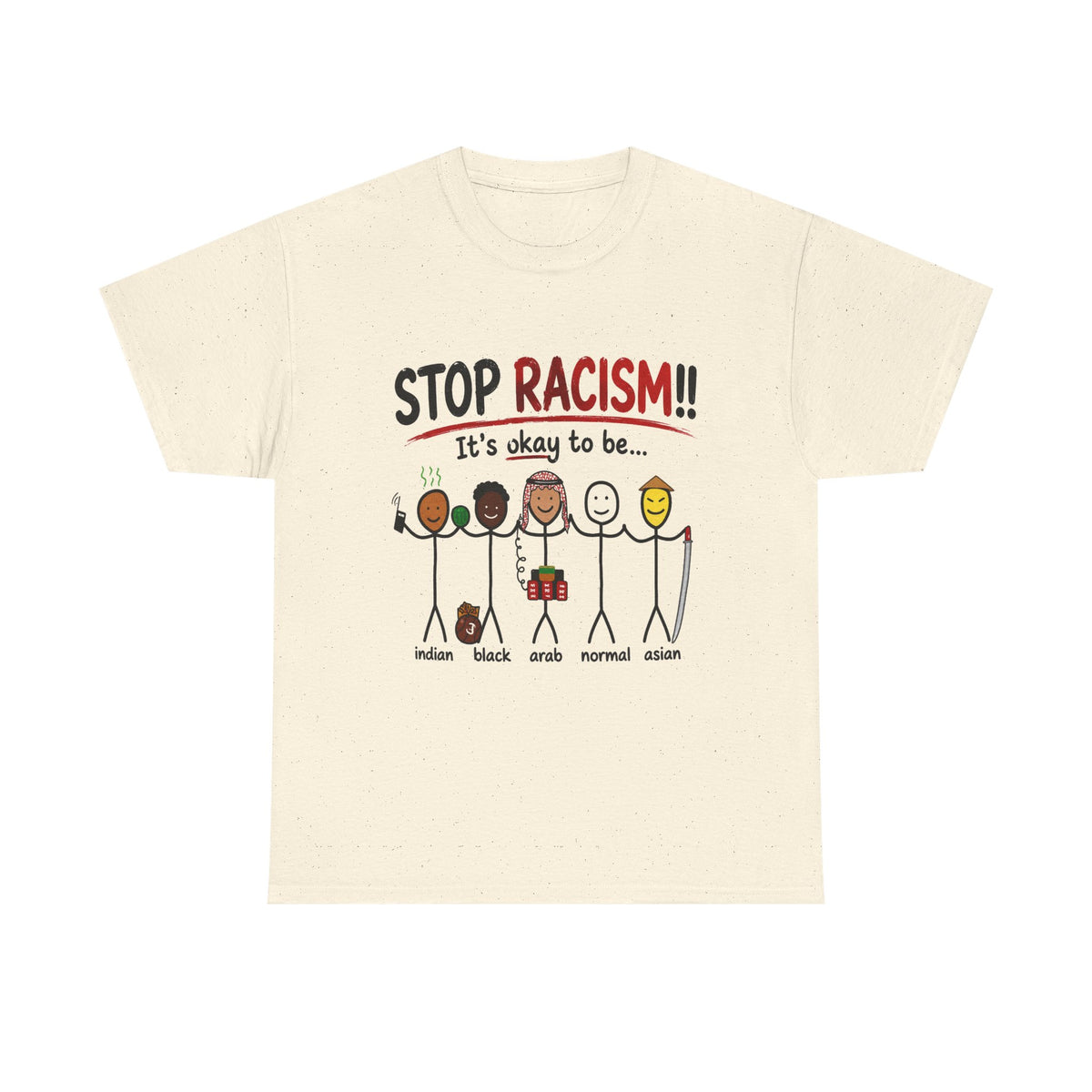 Cream T-shirt with 'Stop Racism!!' graphic featuring diverse stick figures and labels