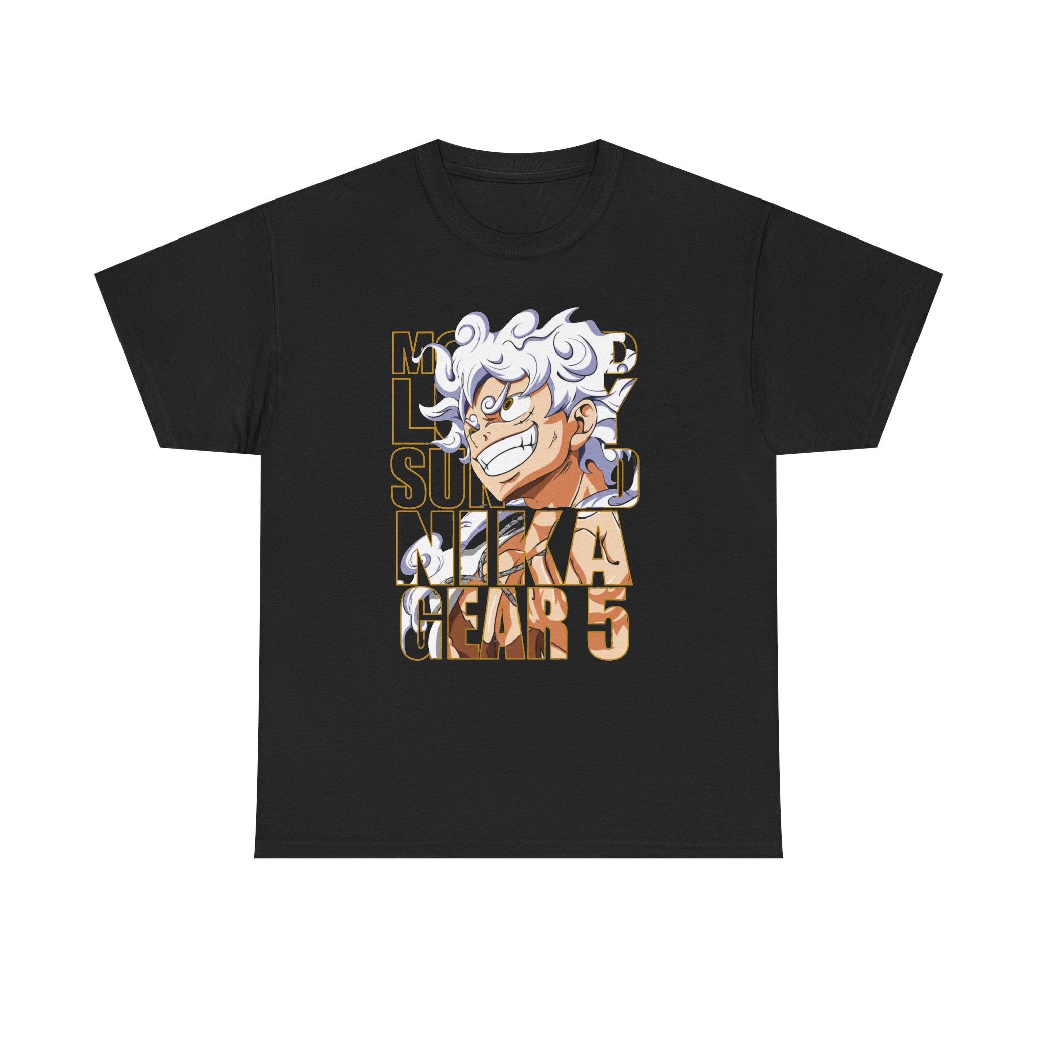 Black graphic tee featuring Monkey D. Luffy in Gear 5 with bold text design