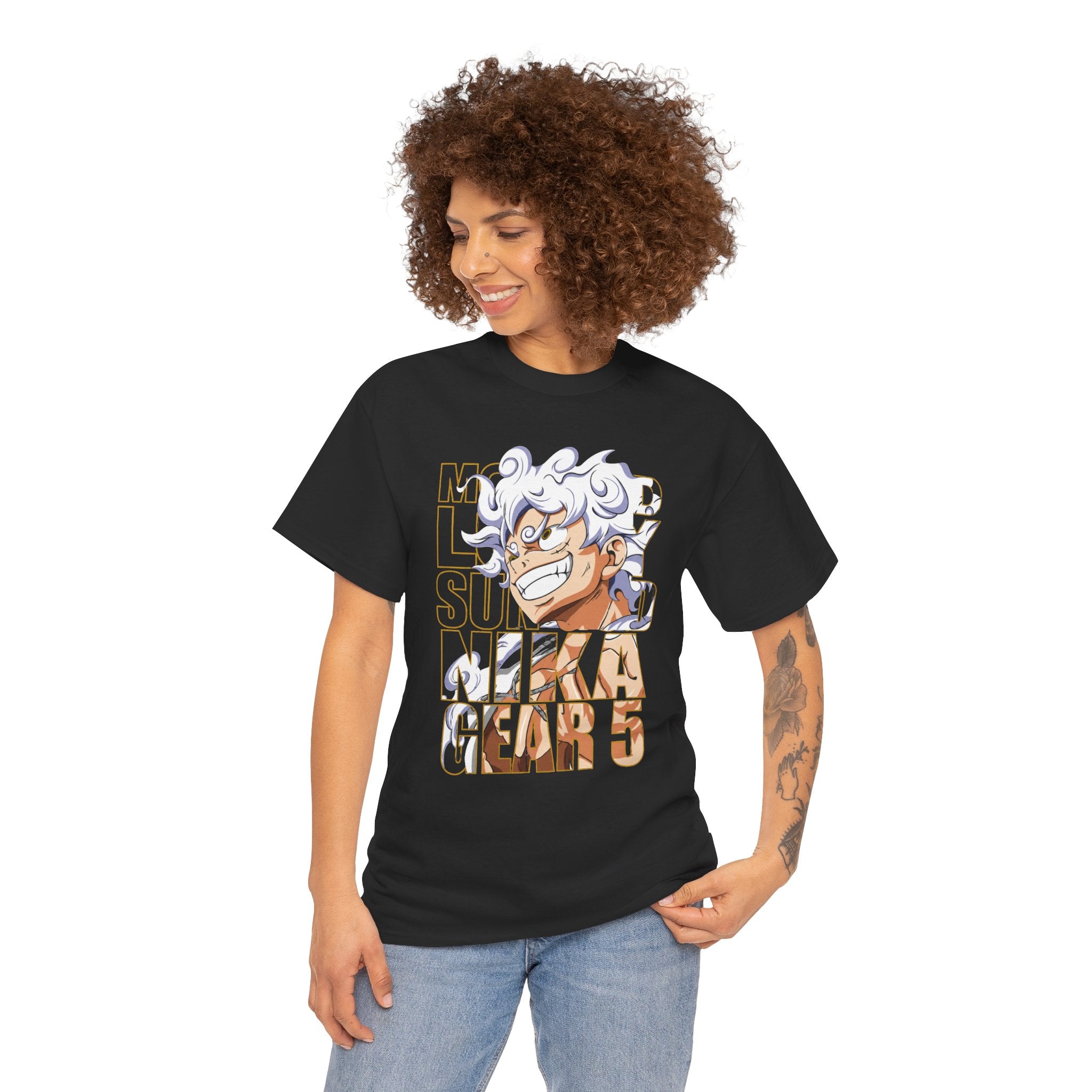 Black T-shirt with anime character and 'Gear 5' text graphic