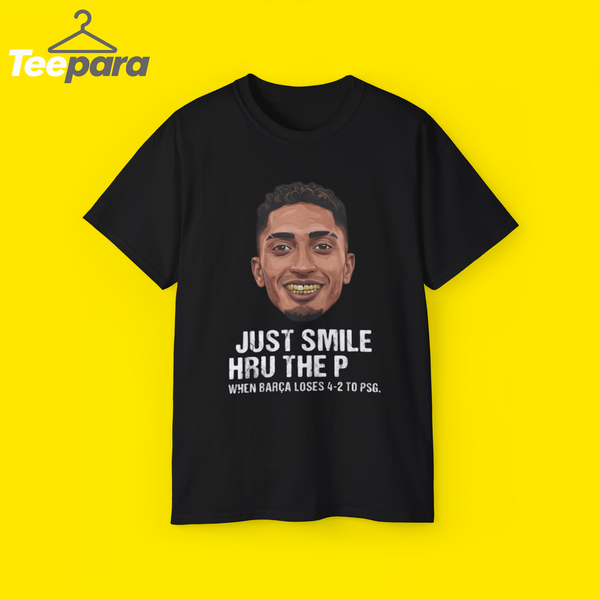 Raphinha FC Barcelona Gold Grill Meme T-Shirt featuring a humorous football-inspired graphic for Barça fans.