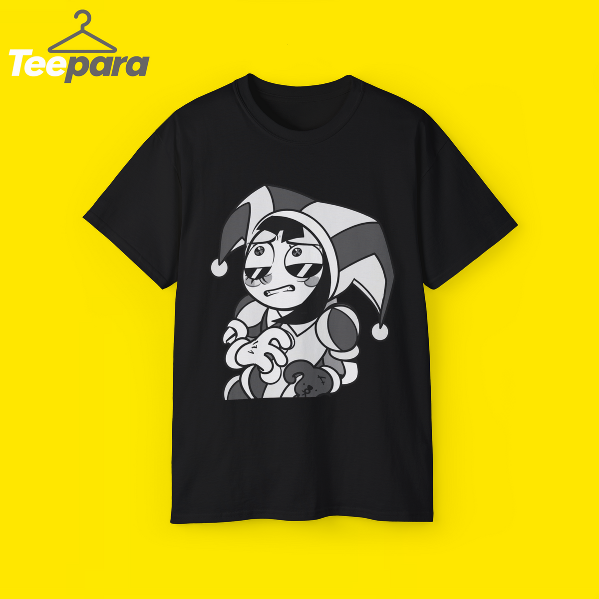 The Amazing Digital Circus Pomni Grid Symbols Shirt - Black unisex t-shirt with Pomni jester graphic, front view