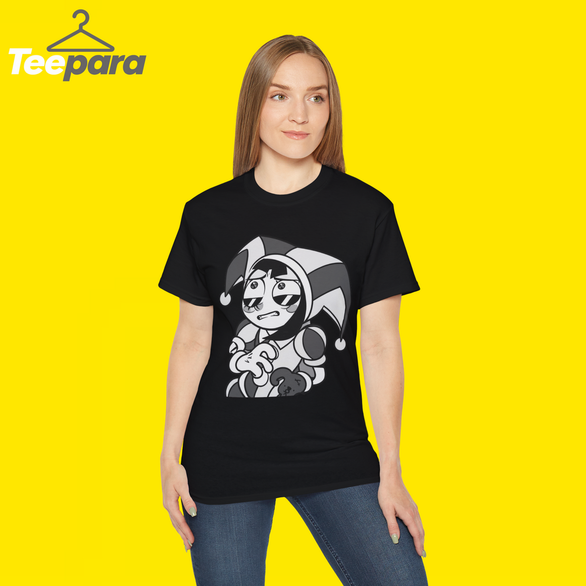 Woman wearing the black The Amazing Digital Circus Pomni Grid Symbols Shirt