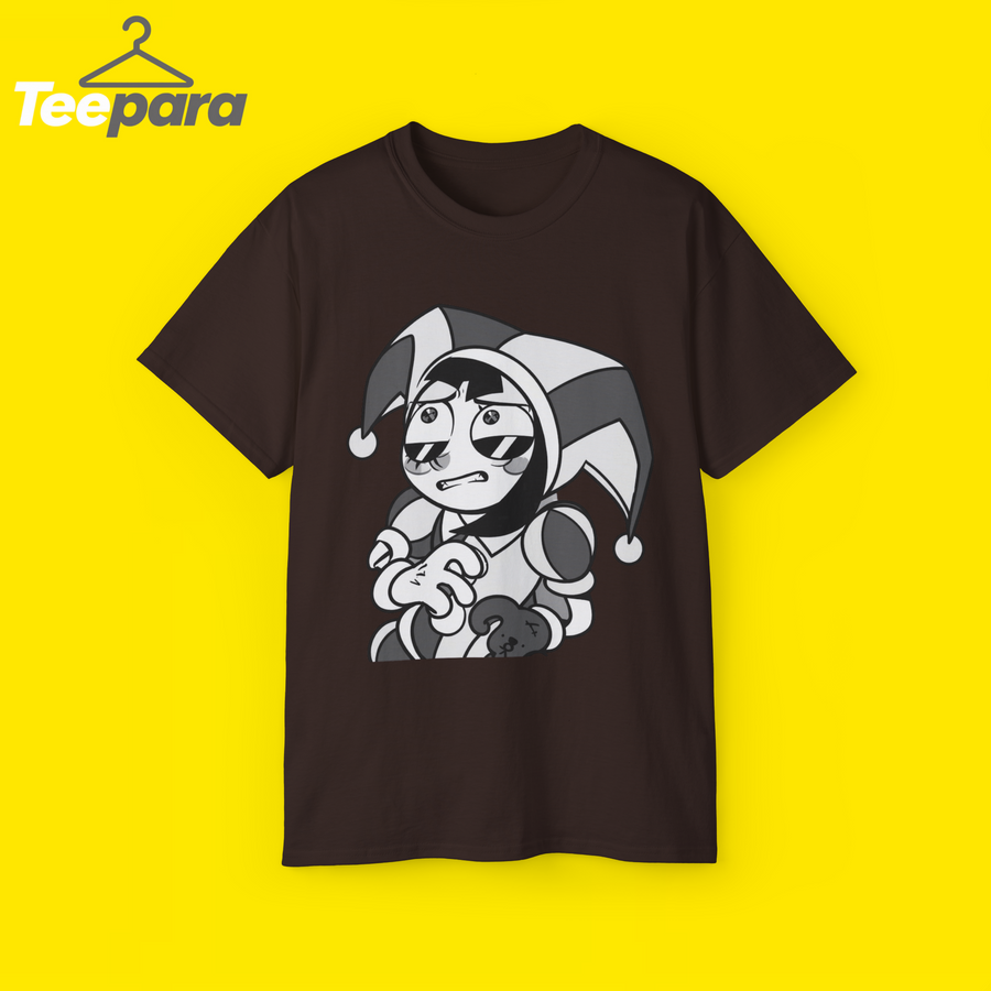 The Amazing Digital Circus Pomni Grid Symbols Shirt - Brown unisex t-shirt with Pomni jester graphic, front view