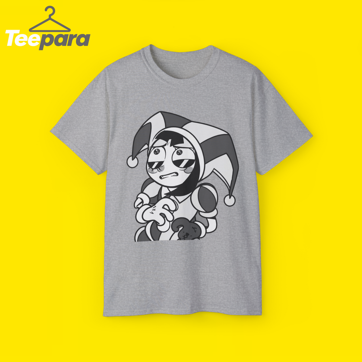 The Amazing Digital Circus Pomni Grid Symbols Shirt - Gray unisex t-shirt with Pomni jester graphic, front view