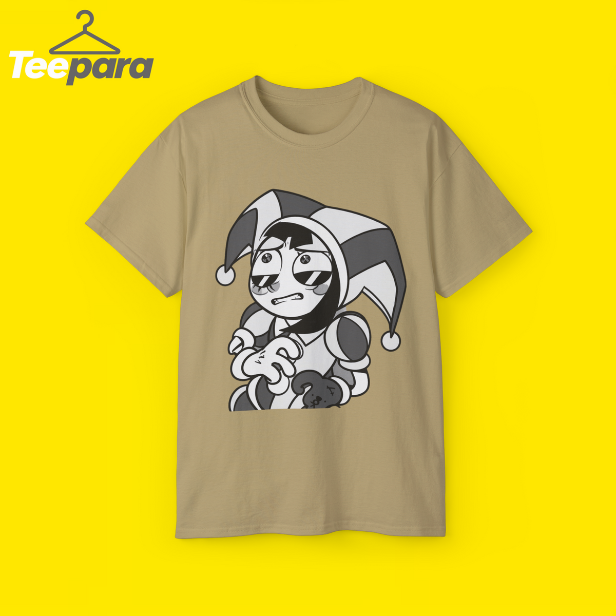 The Amazing Digital Circus Pomni Grid Symbols Shirt - Natural unisex t-shirt with Pomni jester graphic, front view