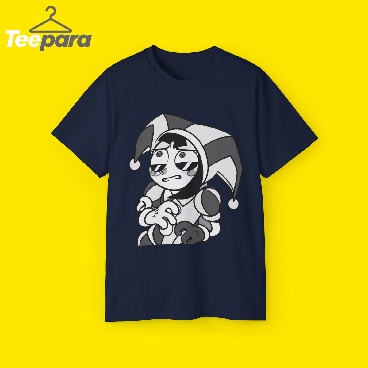 The Amazing Digital Circus Pomni Grid Symbols Shirt - Navy unisex t-shirt with Pomni jester graphic, front view