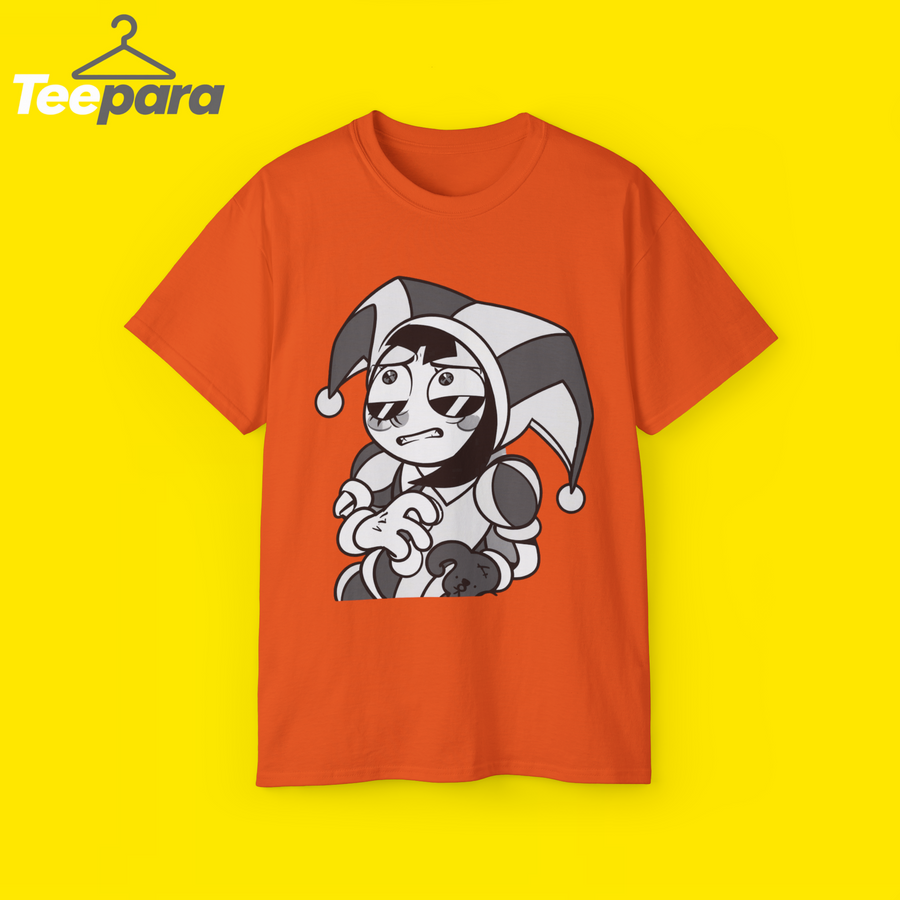 The Amazing Digital Circus Pomni Grid Symbols Shirt - Orange unisex t-shirt with Pomni jester graphic, front view
