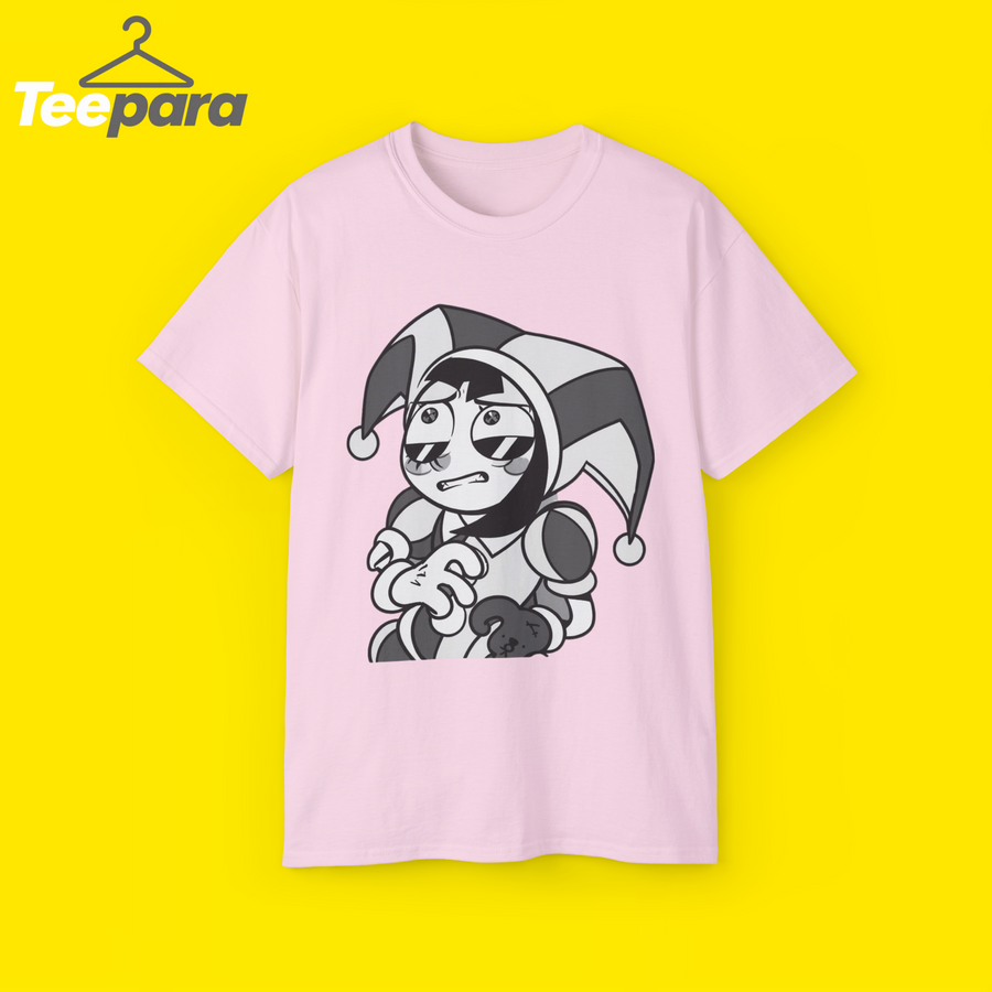 The Amazing Digital Circus Pomni Grid Symbols Shirt - Pink unisex t-shirt with Pomni jester graphic, front view