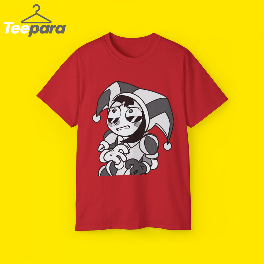 The Amazing Digital Circus Pomni Grid Symbols Shirt - Red unisex t-shirt with Pomni jester graphic, front view