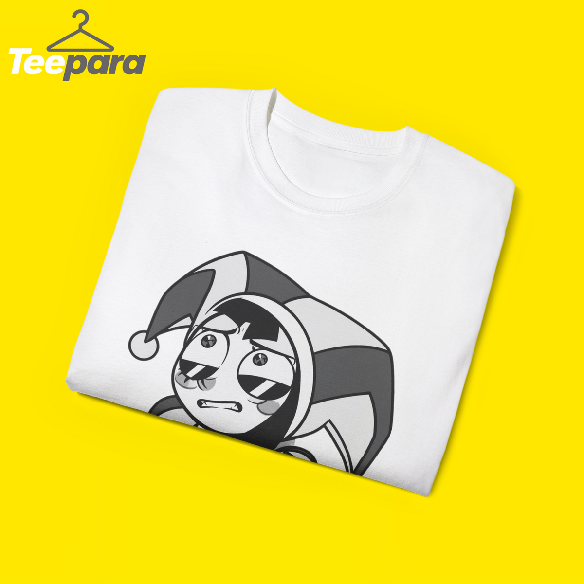 The Amazing Digital Circus Pomni Grid Symbols Shirt - White t-shirt folded, close-up of the Pomni print
