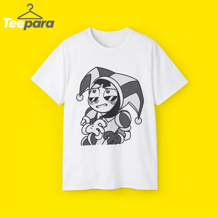 The Amazing Digital Circus Pomni Grid Symbols Shirt - White unisex t-shirt with Pomni jester graphic, front view