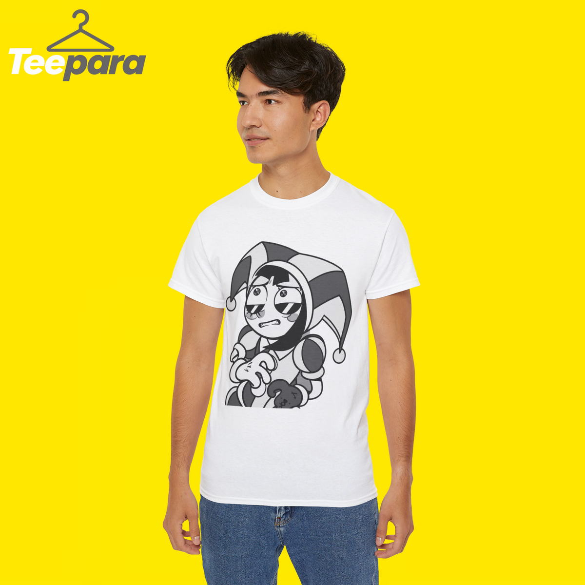 Man wearing the white The Amazing Digital Circus Pomni Grid Symbols Shirt