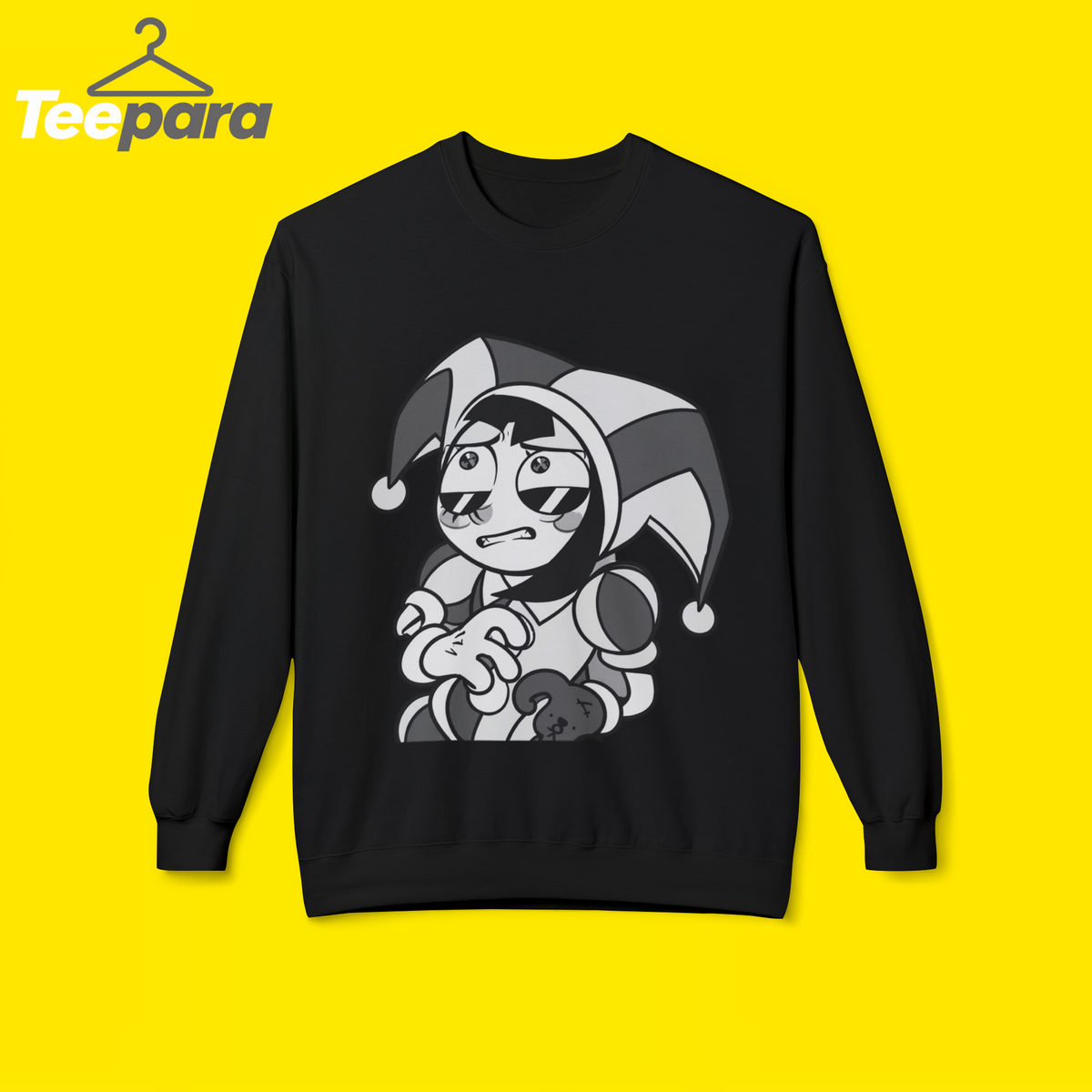 The Amazing Digital Circus Pomni Grid Symbols Sweatshirt - Black crewneck sweatshirt with Pomni jester graphic, front view