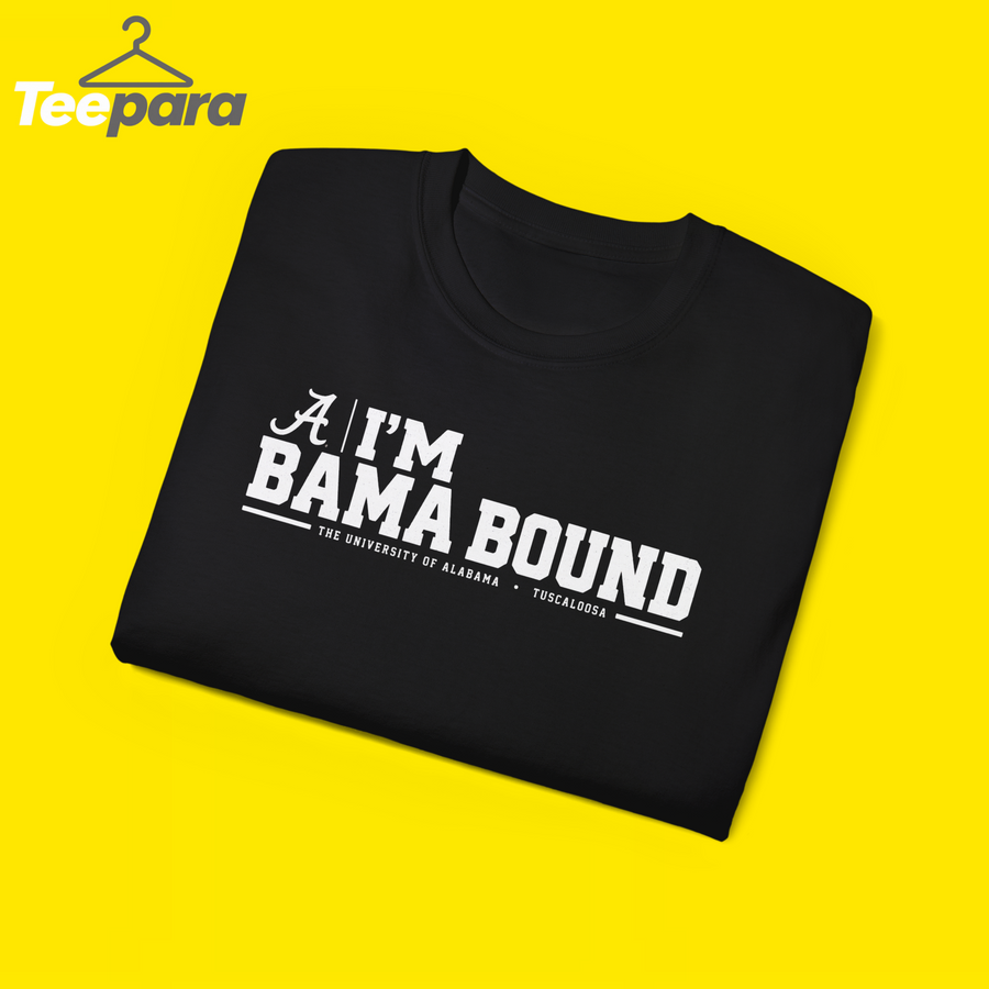 I'm Bama Bound Meme Shirt - Black t-shirt folded, close-up of the I'm Bama Bound print