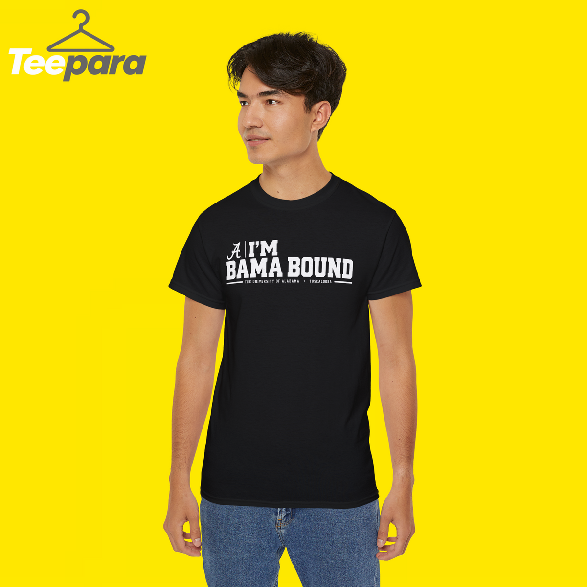 Man wearing the black I'm Bama Bound Meme Shirt, funny Alabama t-shirt