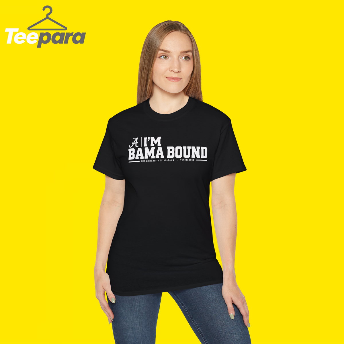 Woman wearing the black I'm Bama Bound Meme Shirt, funny Alabama t-shirt
