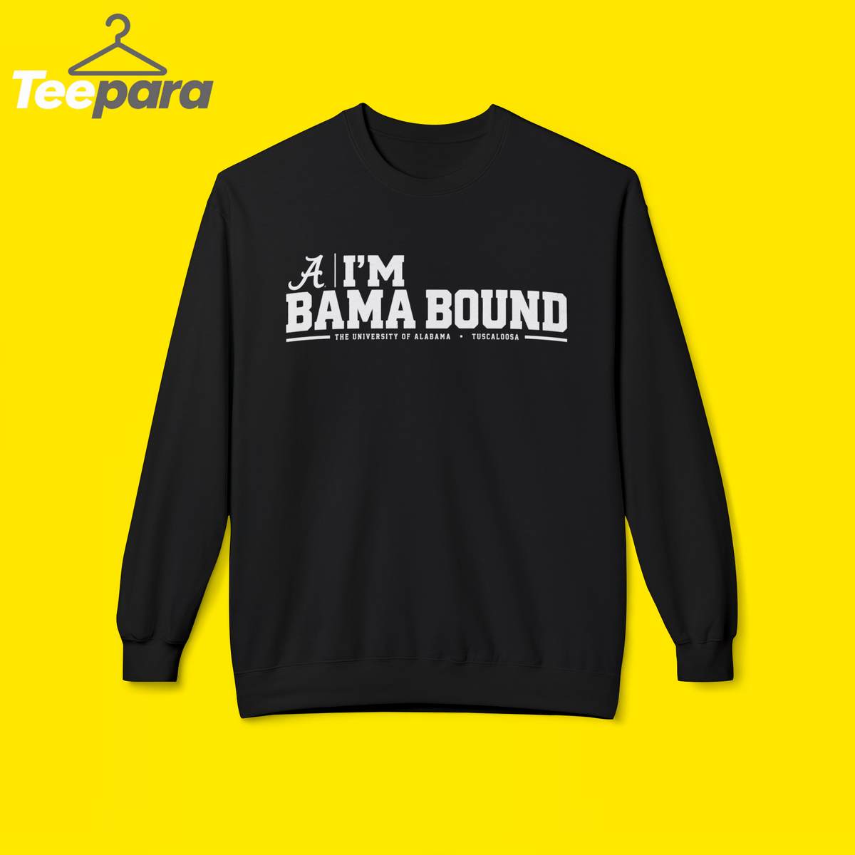 I'm Bama Bound Meme Sweatshirt - Black crewneck sweatshirt with funny Alabama meme graphic, front view