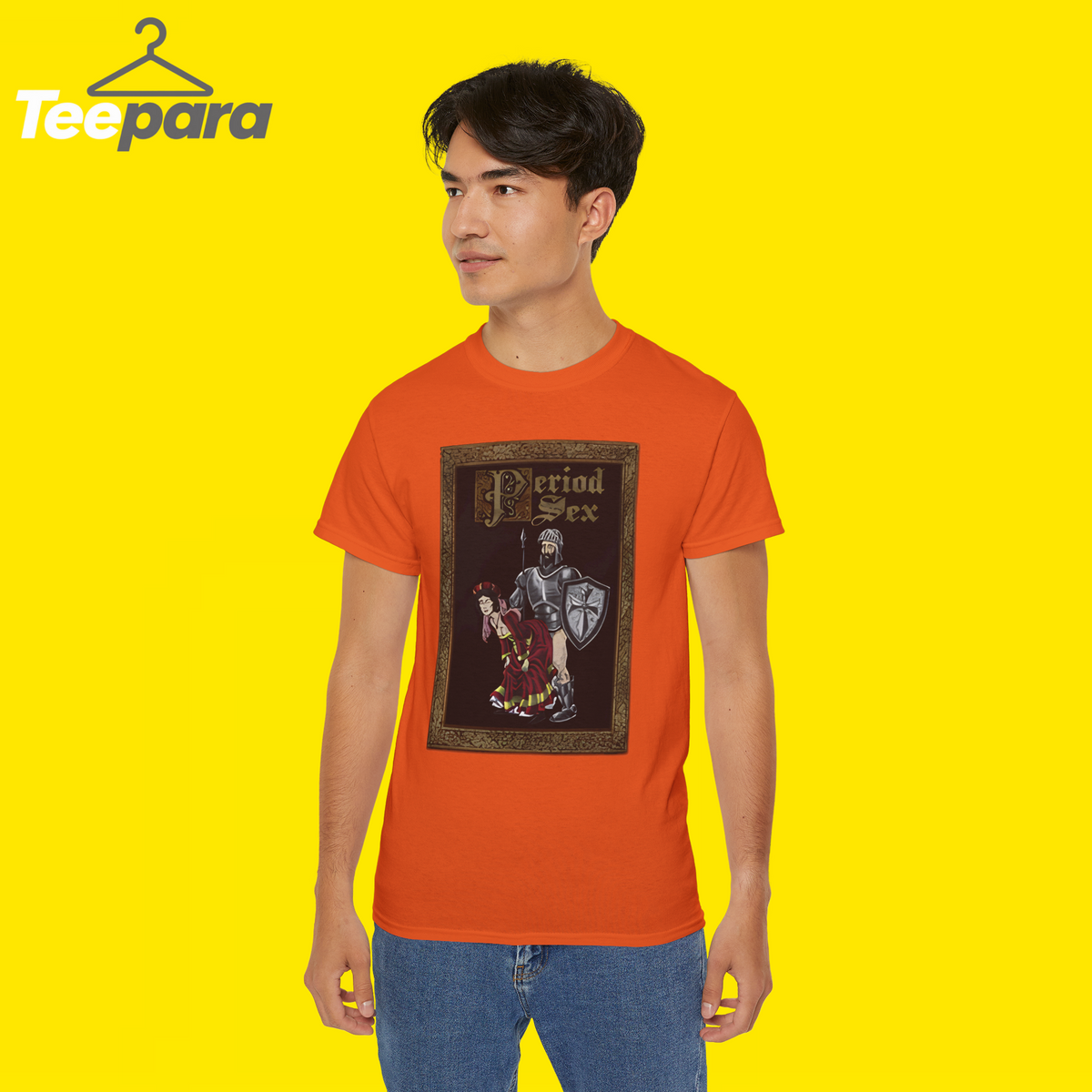 Man wearing the orange Period Sex Shirt