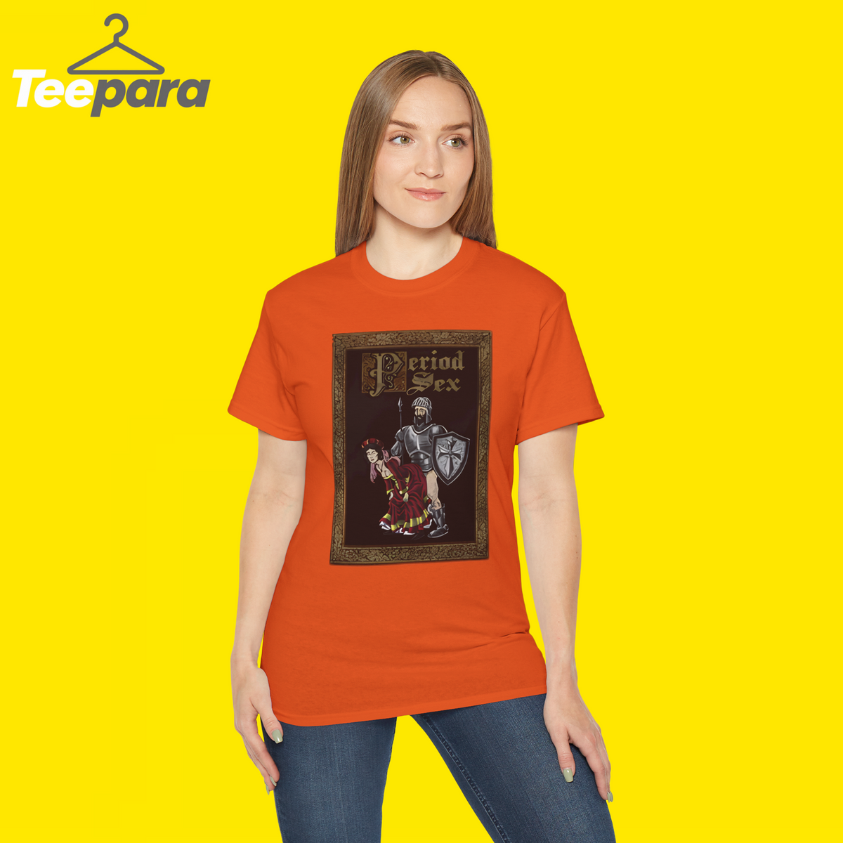 Woman wearing the orange Period Sex Shirt
