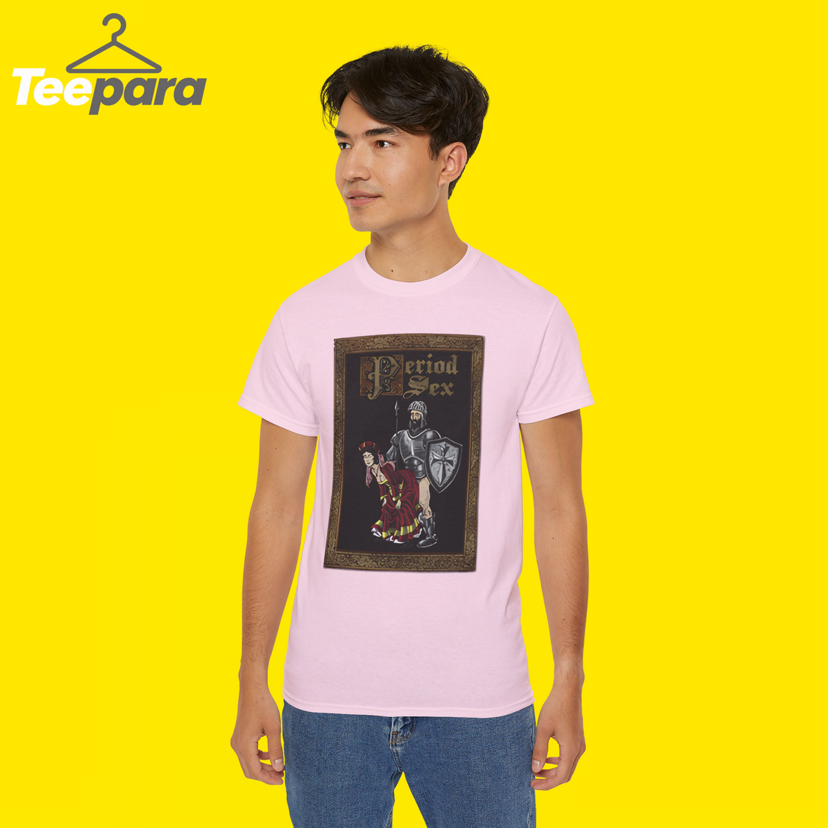 Man wearing the pink Period Sex Shirt
