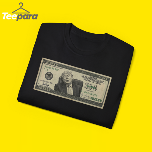 Sleepy Trump 250 Bill Shirt - Black t-shirt folded, close-up of the Trump $250 bill print