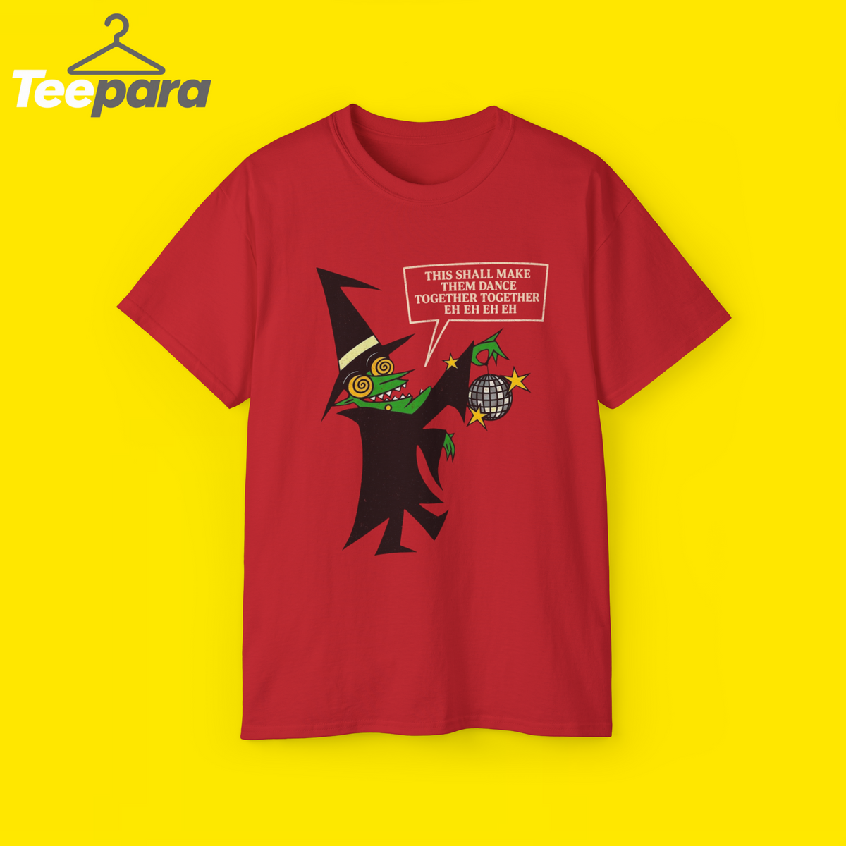 This Shall Make Them Dance Together Shirt - red t-shirt with witch and disco ball graphic
