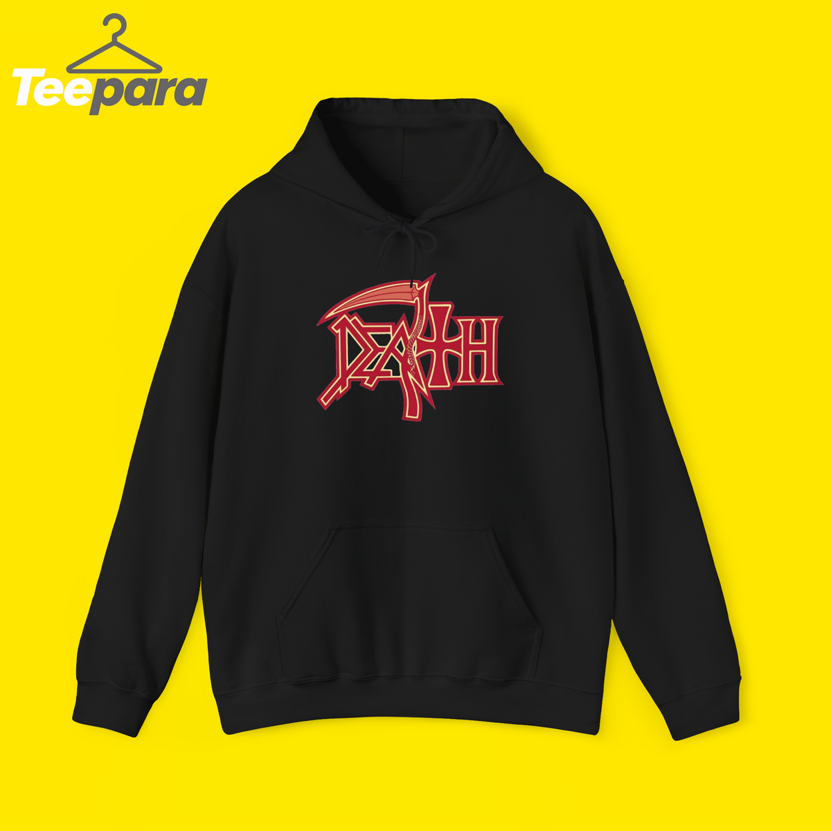 Trump Rally Tom Death Hoodie - Black pullover hoodie with red Death logo graphic, front view