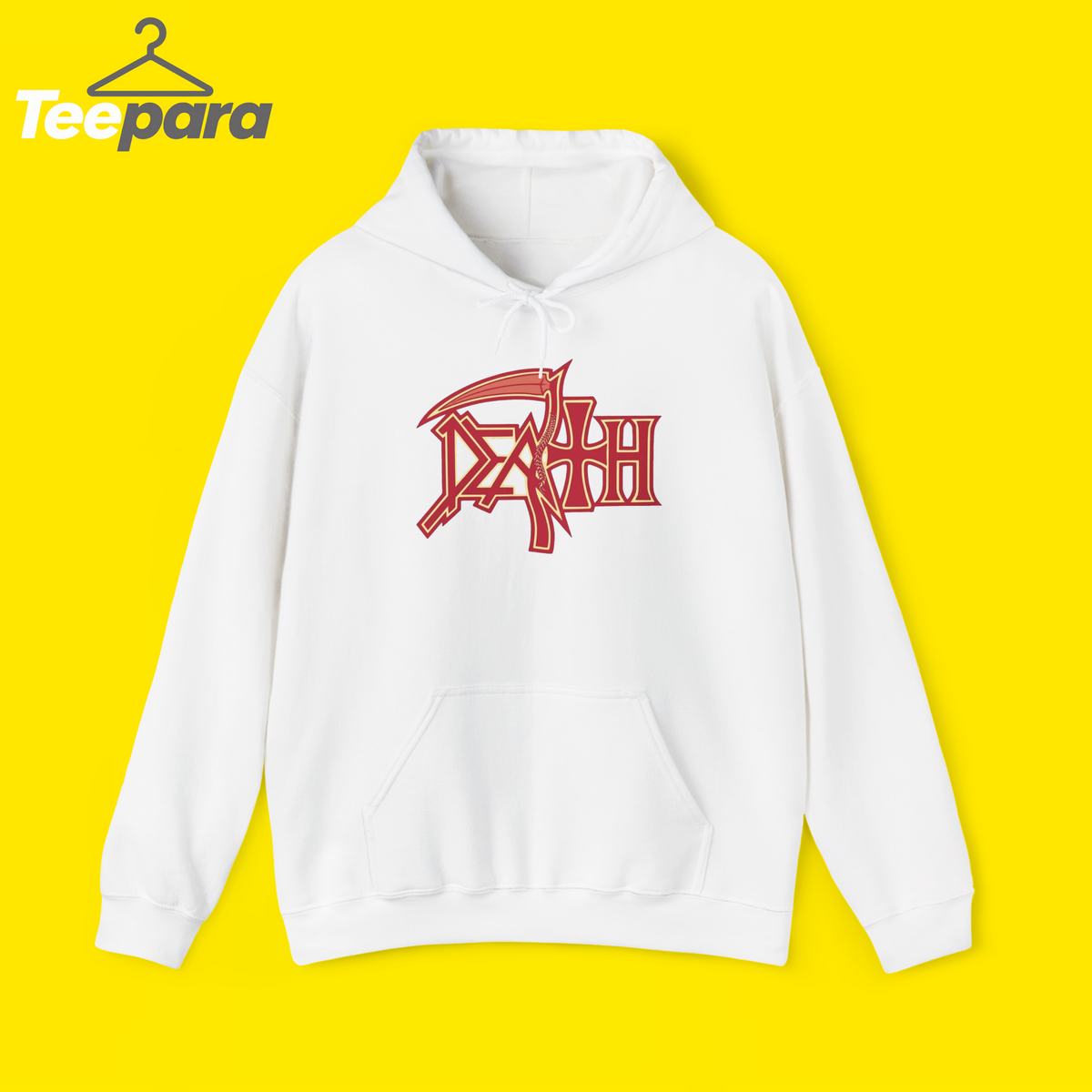 Trump Rally Tom Death Hoodie - White pullover hoodie with red Death logo graphic, front view
