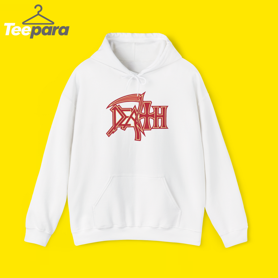 Trump Rally Tom Death Hoodie - White pullover hoodie with red Death logo graphic, front view