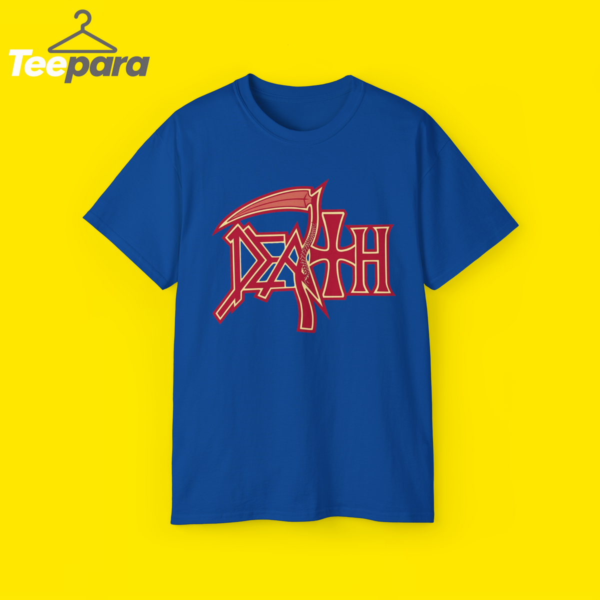 Trump Rally Tom Death Shirt - Blue unisex t-shirt with red Death logo graphic, front view