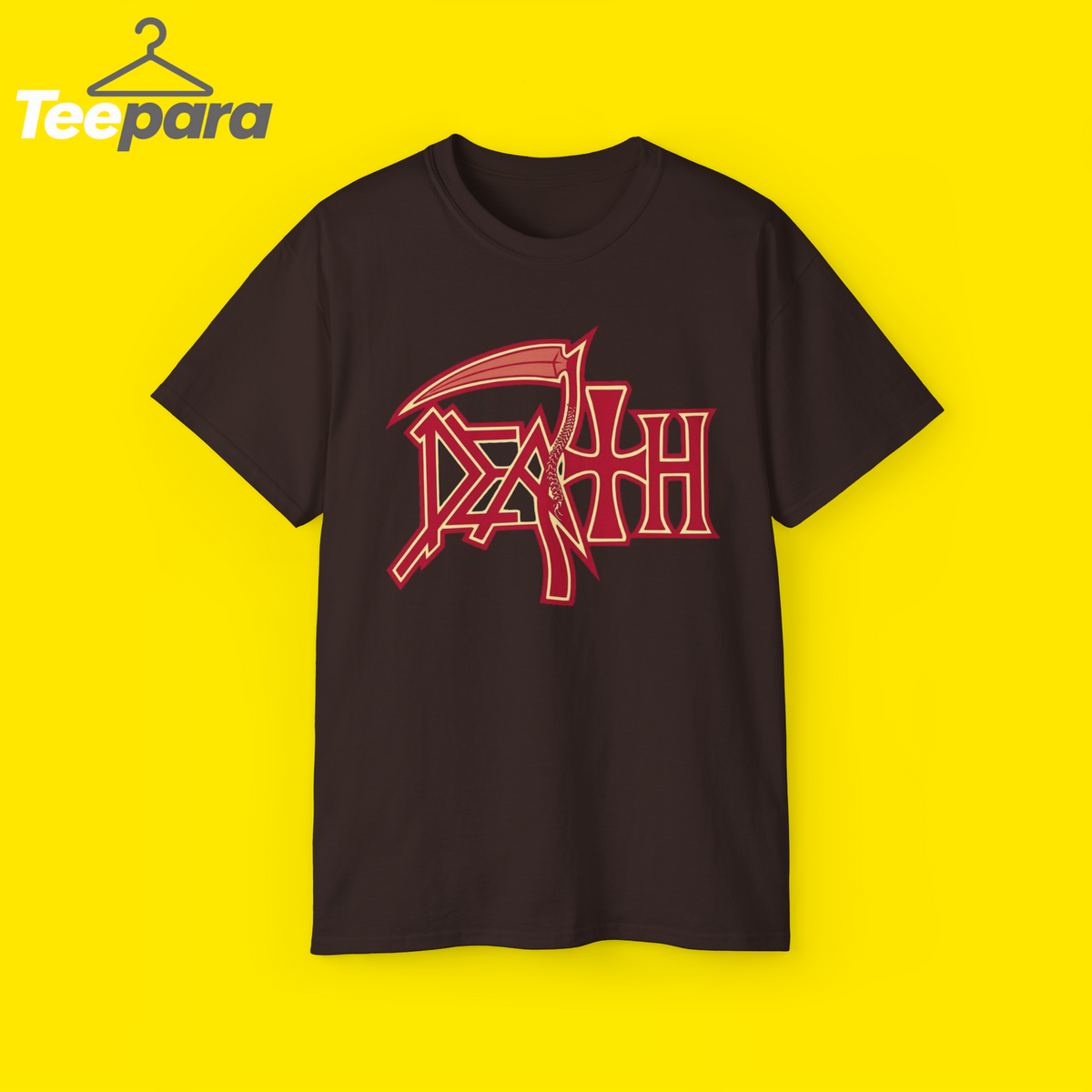 Trump Rally Tom Death Shirt - Brown unisex t-shirt with red Death logo graphic, front view