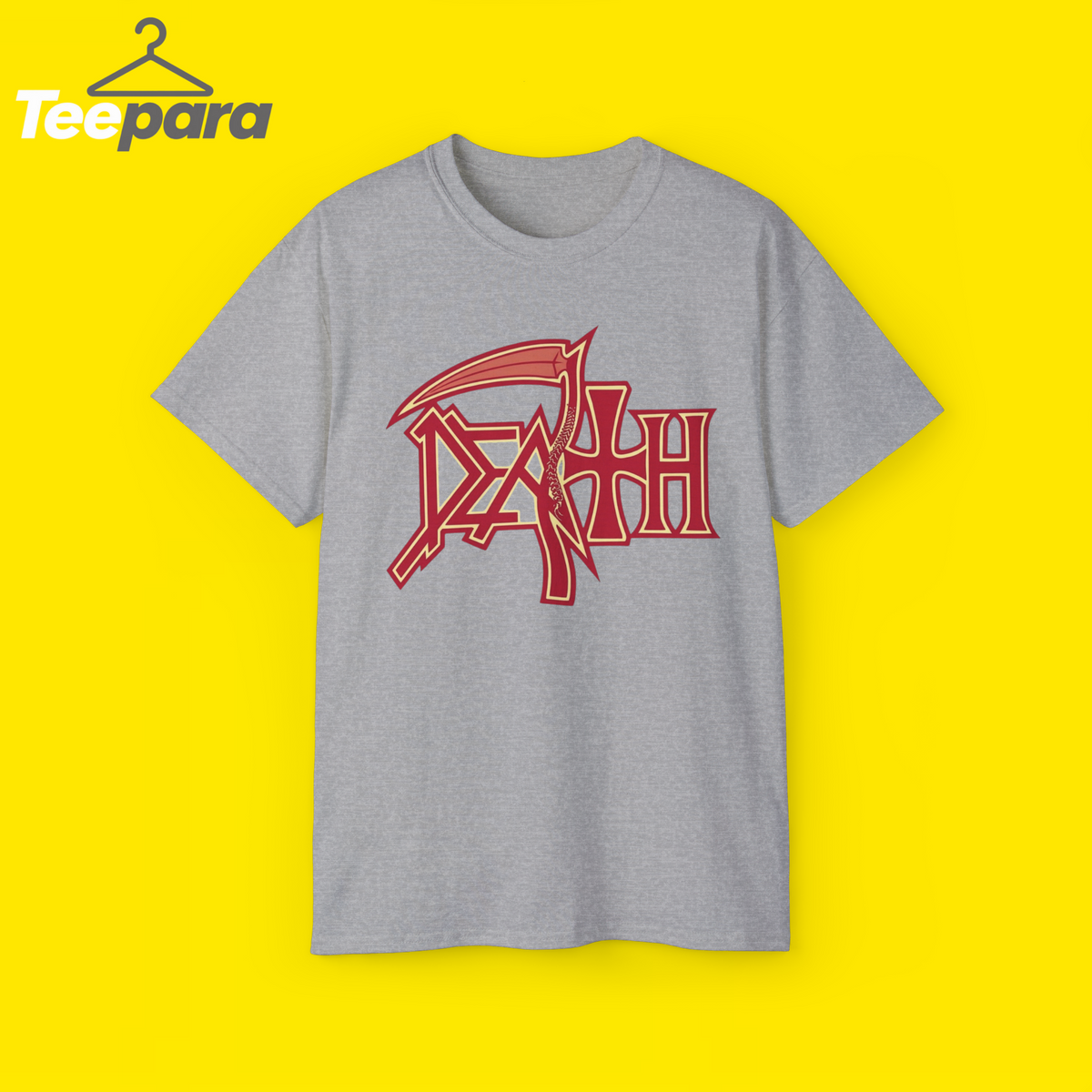 Trump Rally Tom Death Shirt - Gray unisex t-shirt with red Death logo graphic, front view