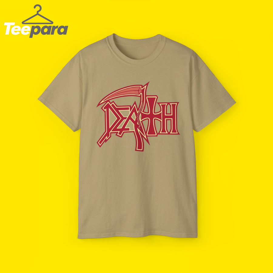 Trump Rally Tom Death Shirt - Natural unisex t-shirt with red Death logo graphic, front view