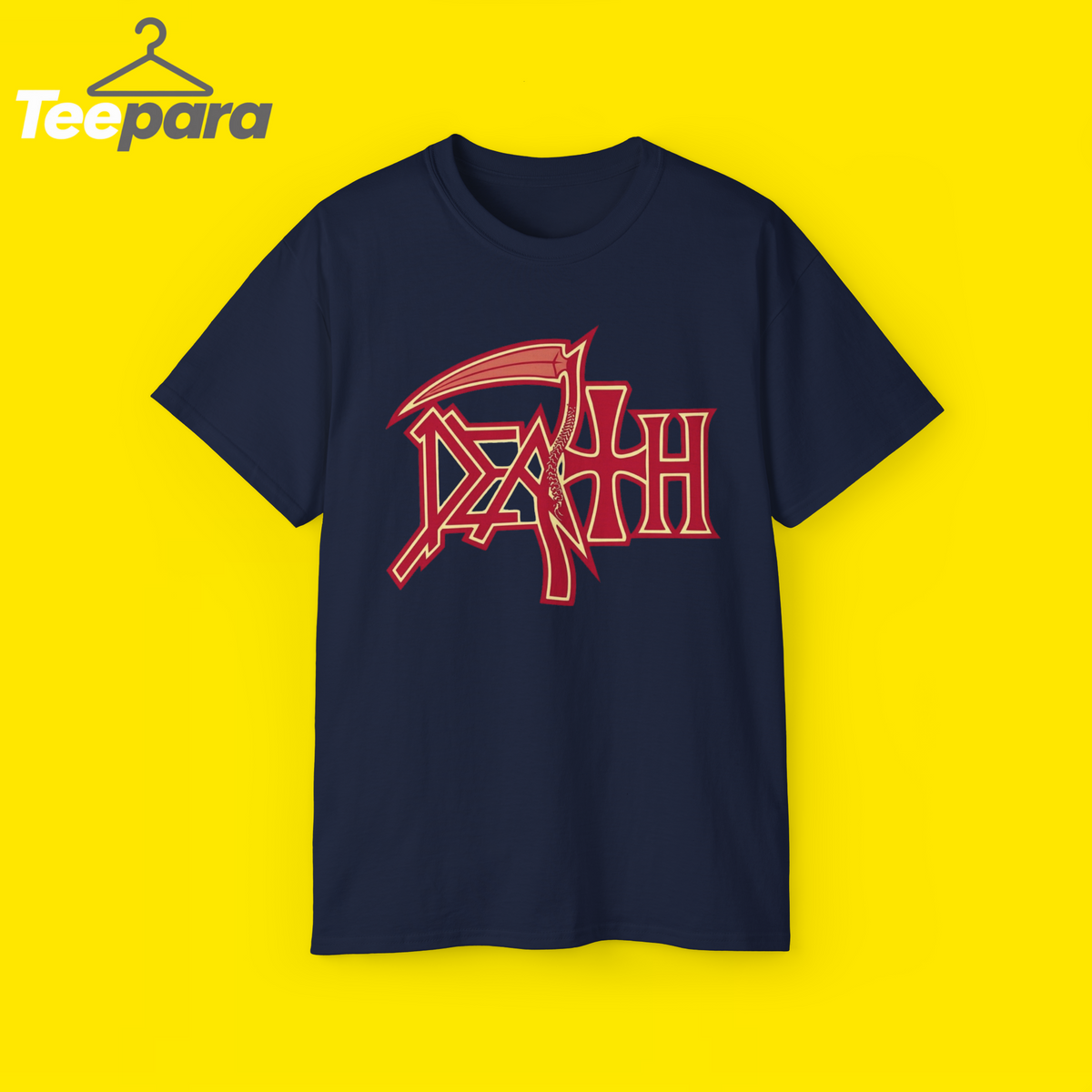 Trump Rally Tom Death Shirt - Navy unisex t-shirt with red Death logo graphic, front view