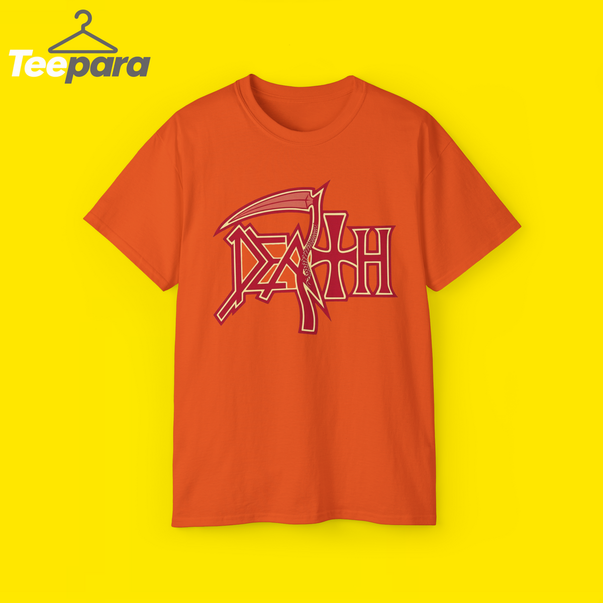 Trump Rally Tom Death Shirt - Orange unisex t-shirt with red Death logo graphic, front view