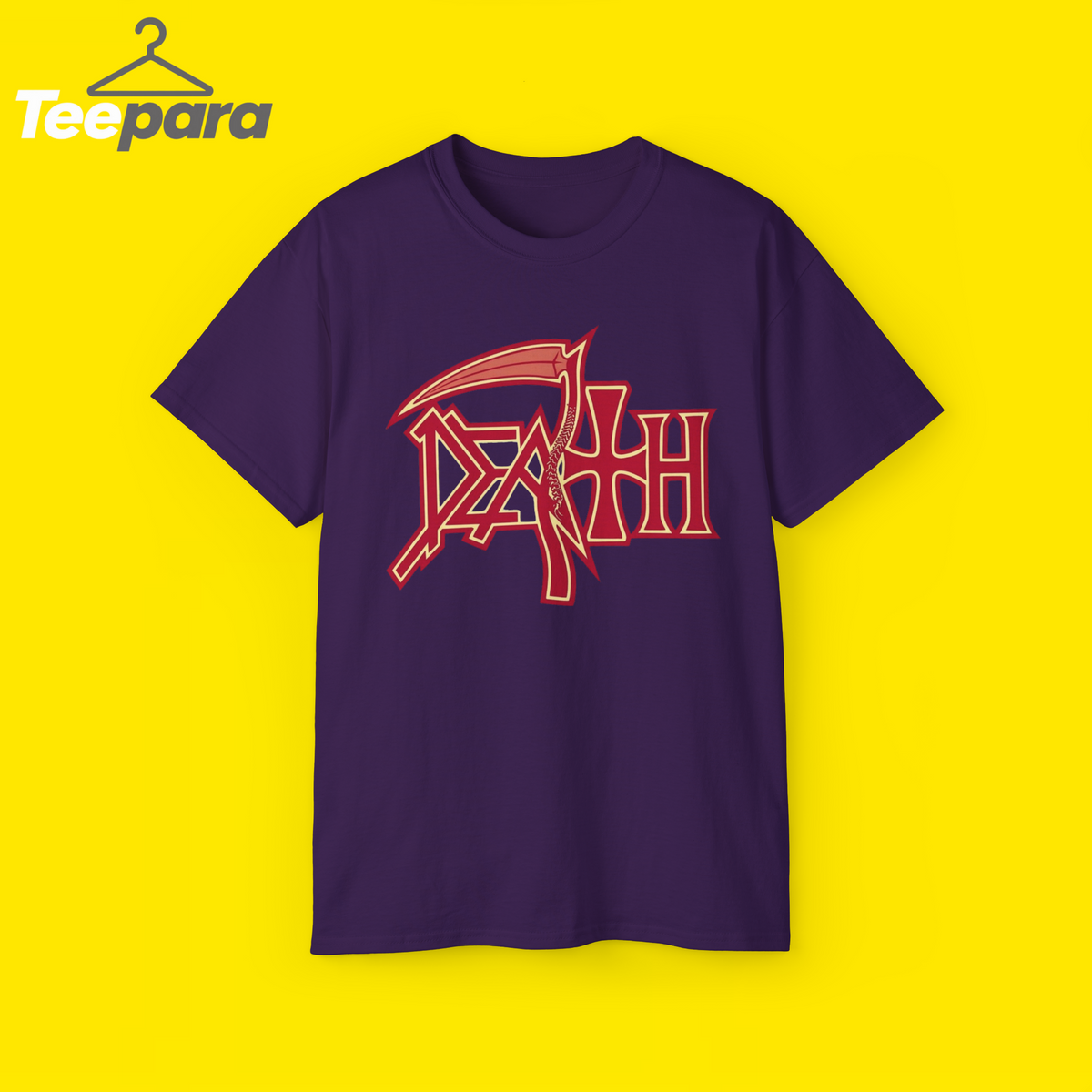 Trump Rally Tom Death Shirt - Purple unisex t-shirt with red Death logo graphic, front view