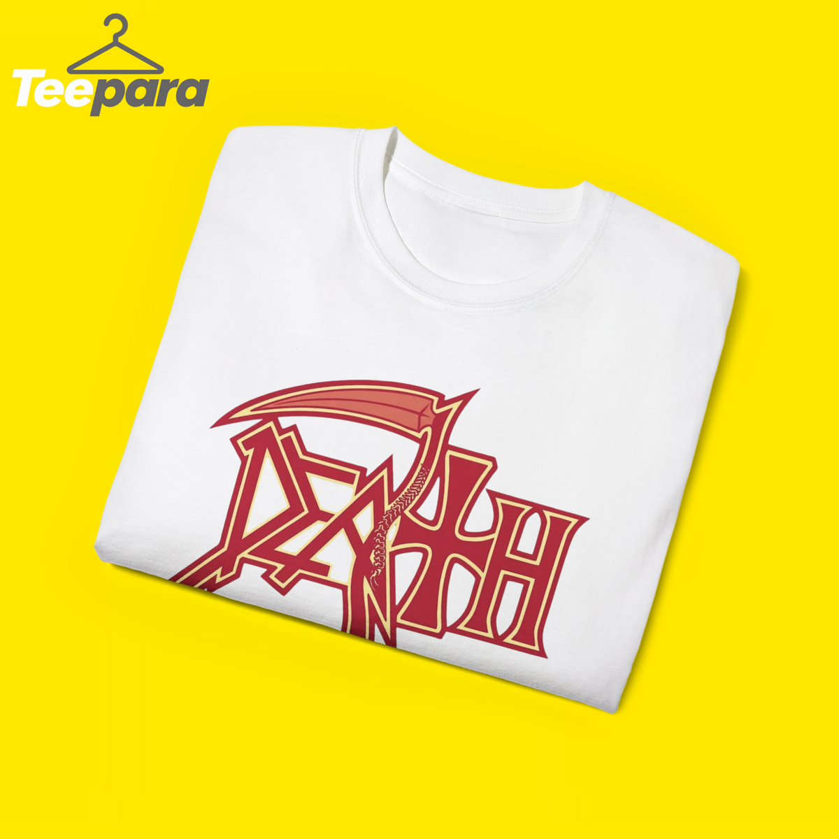 Trump Rally Tom Death Shirt - White t-shirt folded, close-up of the red Death logo print