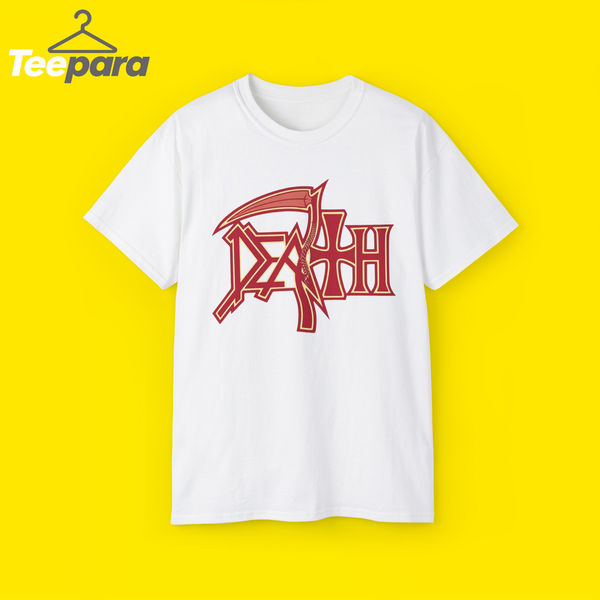 Trump Rally Tom Death Shirt - White unisex t-shirt with red Death logo graphic, front view