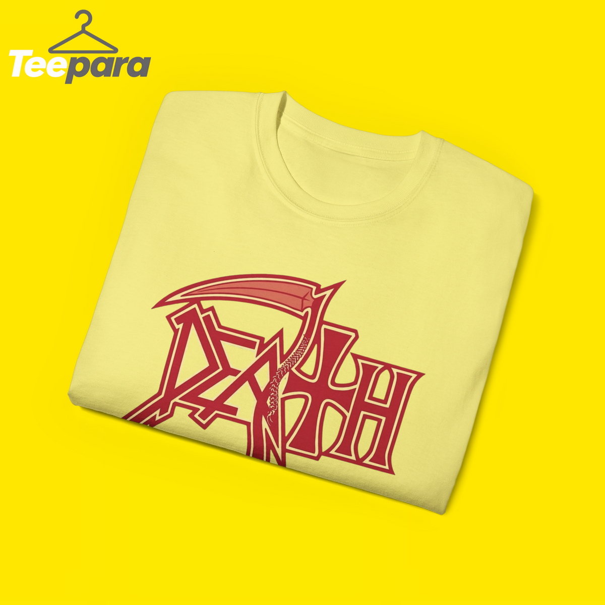 Trump Rally Tom Death Shirt - Yellow t-shirt folded, close-up of the red Death logo print