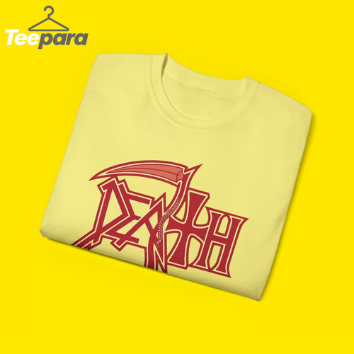 Trump Rally Tom Death Shirt - Yellow t-shirt folded, close-up of the red Death logo print